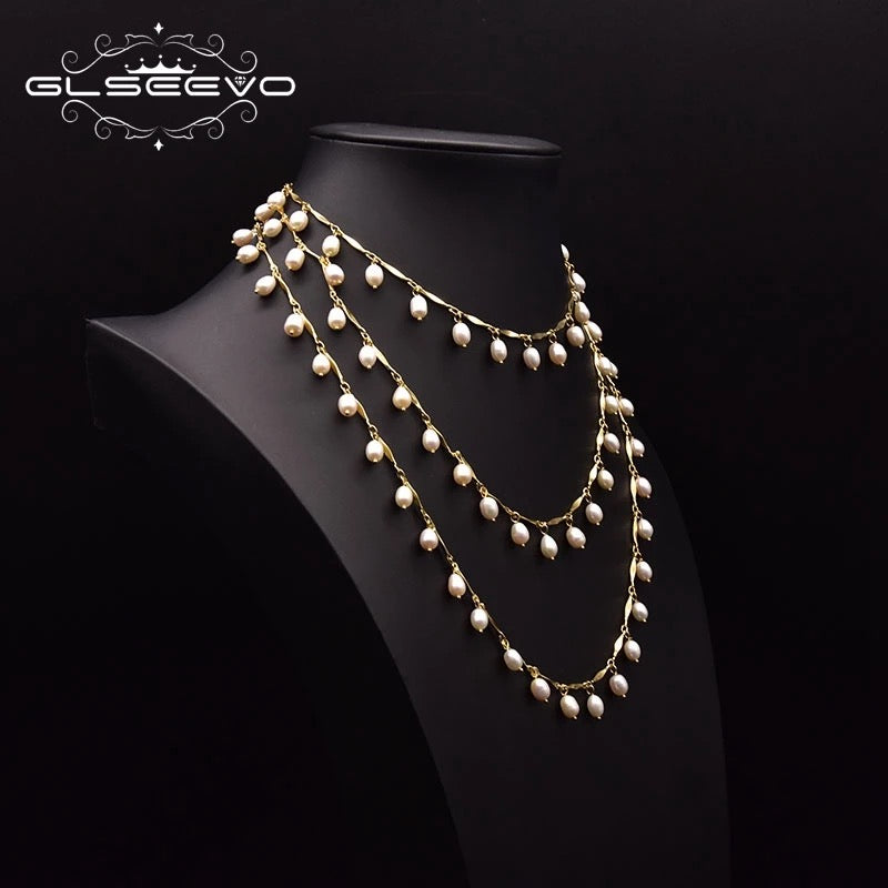 Natural Fresh Water Pearl Triple Layered Long Chain Necklace For Women