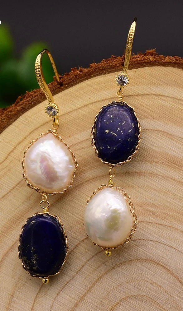 Natural Fresh Water Pearl Lapis Lazuli Dangle Drop Earrings For Women Girls Fashion Earings