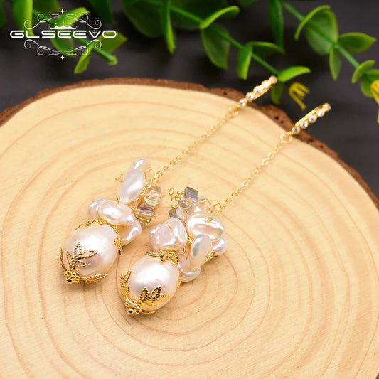 Natural Baroque Pearl Long Earrings For Women Summer Earrings 18k Gold plated Jewelry
