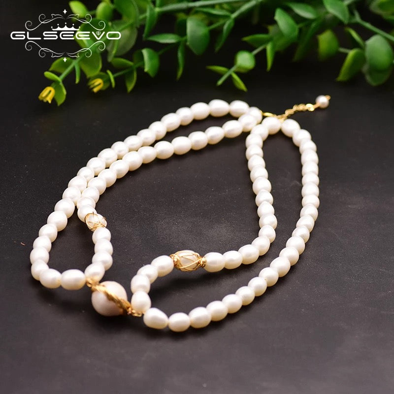Handmade Natural Fresh Water Pearl Double Layer Choker Necklace For Women