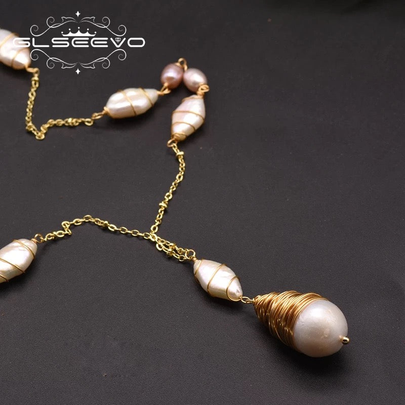 Natural Fresh Water White Pearl Long Pendant Necklace For Women