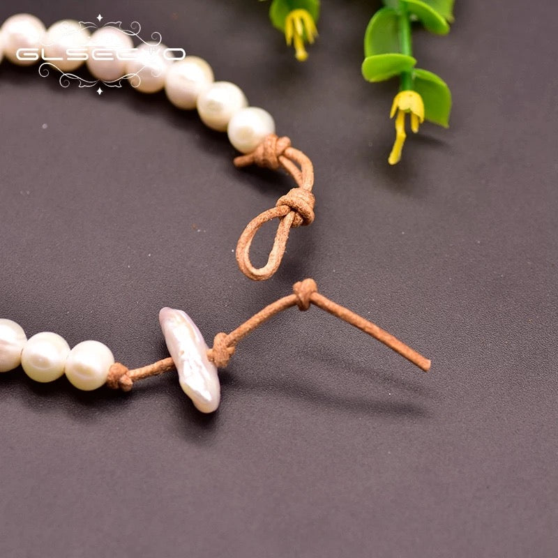 Elegant Natural Fresh Water White Pearl Leather Bracelet For Women