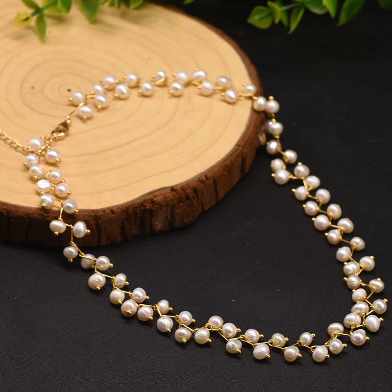 Zig-Zag Beaded Natural Fresh Water Pearl Choker Neckalce For Women